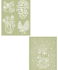 Set of mushroom illustrations on a green silkscreen stencils