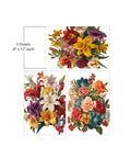 A set of three floral-themed decorative sheets, each measuring 8 inches by 12 inches. The sheets feature vibrant, detailed illustrations of various flowers, including lilies, roses, and other colorful blossoms. The flowers are arranged densely, creating visually rich compositions.