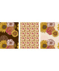 Three panels show floral patterns. The left and right panels feature large sunflowers, dahlias, and peonies with a brown and beige background respectively. The middle panel has a repeating pattern of small roses in pink and brown on a beige background.