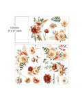 Three sheets of floral transfers, each measuring 8 inches by 12 inches. The sheets feature a variety of flowers including roses, dahlias, and lilies in red, orange, and cream tones, along with green leaves and dried branches.