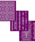 Belles and Whistles Delicate Lace - Silkscreen Stencil provides an extra decorative touch to any project!
This shows the 3 stencils that are in the Delicate Lace packaging. There are 3 different stencils on a purple background.