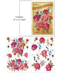 Various colorful vintage flower illustrations scattered around a vintage seed packet label reading "vintage flowers" featuring lush, detailed pink peonies. On the seed packet it reads, "Featuring Burgundy Peonies. Vintage Flowers Seed Packet. Dixie Seed Co. Established 2014" "3 Sheets- 8 in. x 12 in. each"