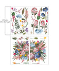 A vibrant botanical illustration showcasing an array of colorful flowers, including pink proteas, blue cornflowers, and tulips, with assorted leaves and berries. "4 Sheets- 12 in. x 18.6 in. each"