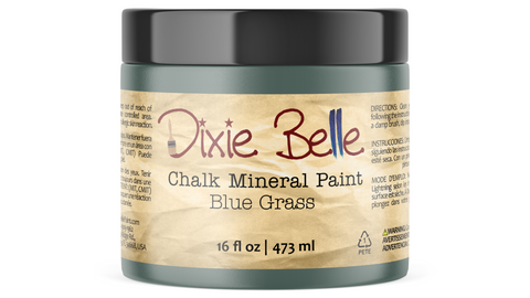 Jar of Dixie Belle Chalk Mineral Paint in Blue Grass color on a white background