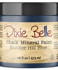 Jar of Dixie Belle Chalk Mineral Paint in Bunker Hill Blue color on a white background