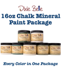 Promotional graphic for a Dixie Belle 16oz Chalk Mineral Paint Package, showing seven paint jars arranged in two rows on a white background with large blue text reading '16oz Chalk Mineral Paint Package' and 'Every Color in One Package.'