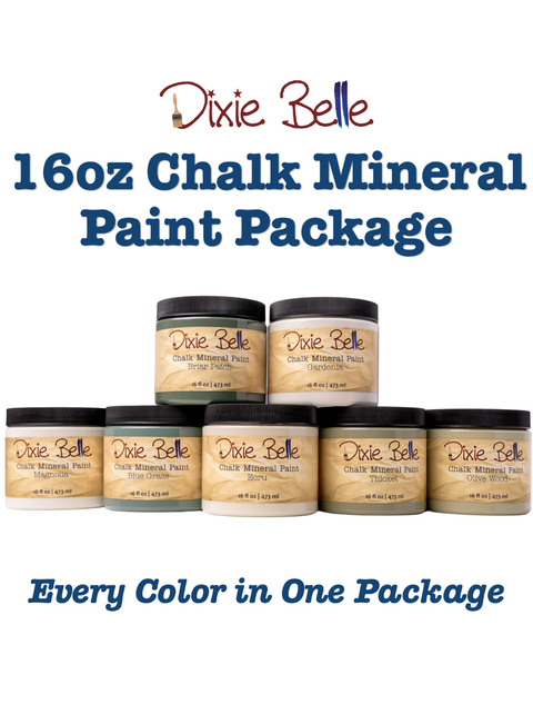 Promotional graphic for a Dixie Belle 16oz Chalk Mineral Paint Package, showing seven paint jars arranged in two rows on a white background with large blue text reading '16oz Chalk Mineral Paint Package' and 'Every Color in One Package.'