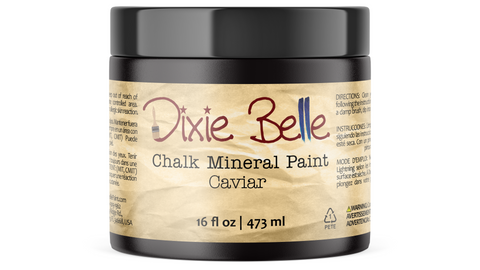 Jar of Dixie Belle Chalk Mineral Paint in Caviar color on white background