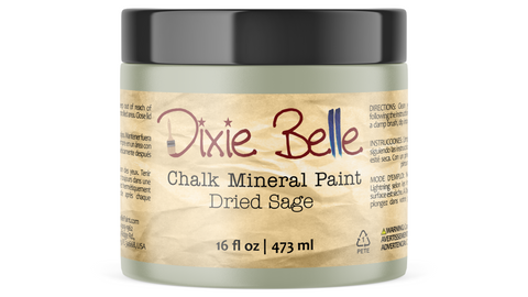 Jar of Dixie Belle Chalk Mineral Paint in Dried Sage color on a white background