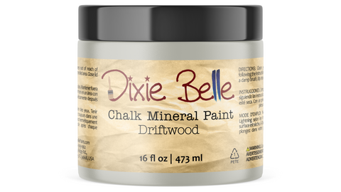 Jar of Dixie Belle Chalk Mineral Paint in Driftwood color on a white background