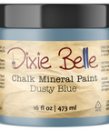 Jar of Dixie Belle Chalk Mineral Paint in Dusty Blue color on a white background