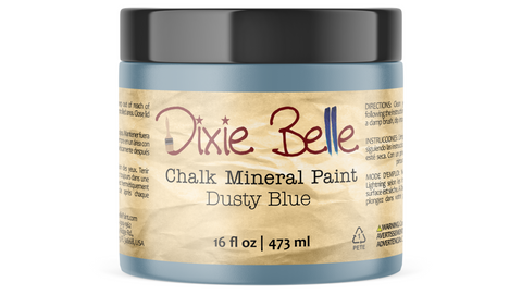 Jar of Dixie Belle Chalk Mineral Paint in Dusty Blue color on a white background