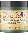 Jar of Dixie Belle Chalk Mineral Paint in English Ivy color on a white background