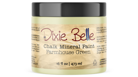 Jar of Dixie Belle Chalk Mineral Paint in Farmhouse Green color on a white background