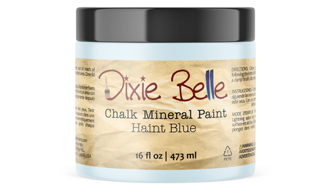 Jar of Dixie Belle Chalk Mineral Paint in Haint Blue color on a white background
