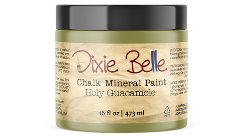 Jar of Dixie Belle Chalk Mineral Paint in Holy Guacamole color on a white background