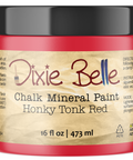 Jar of Dixie Belle Chalk Mineral Paint in Honey Tonk Red color on a white background