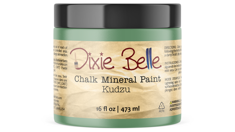 Jar of Dixie Belle Chalk Mineral Paint in Kudzu color on a white background