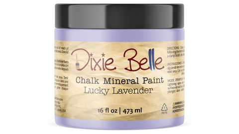Jar of Dixie Belle Chalk Mineral Paint in Lucky Lavender color on a white background