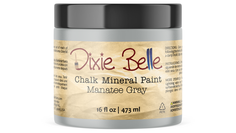 Jar of Dixie Belle Chalk Mineral Paint in Manatee Gray color on a white background