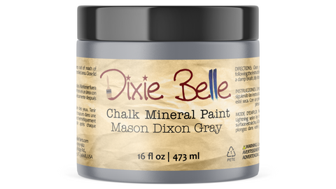 Jar of Dixie Belle Chalk Mineral Paint in Mason Dixon Gray color on a white background