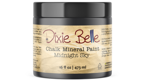 Jar of Dixie Belle Chalk Mineral Paint in Midnight Sky color on a white background