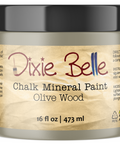 Jar of Dixie Belle Chalk Mineral Paint in Olive Wood color on a white background