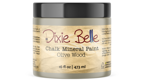 Jar of Dixie Belle Chalk Mineral Paint in Olive Wood color on a white background