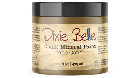 Jar of Dixie Belle Chalk Mineral Paint in Pine Cone color on a white background