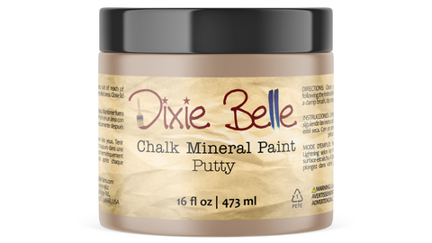 Jar of Dixie Belle Chalk Mineral Paint in Putty color on a white background