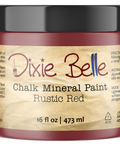 Jar of Dixie Belle Chalk Mineral Paint in Rustic Red color on a white background