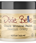 Jar of Dixie Belle Chalk Mineral Paint in Sawmill Gravy color on a white background