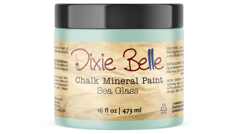 Jar of Dixie Belle Chalk Mineral Paint in Sea Glass color on a white background