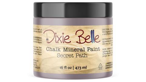 Jar of Dixie Belle Chalk Mineral Paint in Secret Path color on a white background