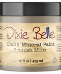 Jar of Dixie Belle Chalk Mineral Paint in Spanish Moss color on a white background