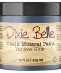 Jar of Dixie Belle Chalk Mineral Paint in Yankee Blue color on a white background