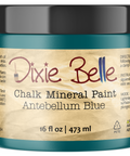 Jar of Dixie Belle Chalk Mineral Paint in Antebellum Blue on a white background