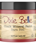 Jar of Dixie Belle Chalk Mineral Paint in Barn Red on a white background