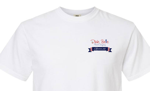 White t-shirt with 'Dixie Belle Paint Company America 250' text and flag design on a white background