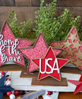 Decorative stars with 'home of the brave' and 'USA' text on a wooden surface with plants in the background.