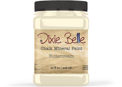 Jar of Dixie Belle Chalk Mineral Paint in Buttercream color on a white background