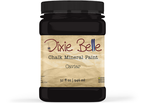 Jar of Dixie Belle Chalk Mineral Paint in Caviar color on a white background