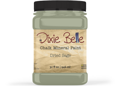 Jar of Dixie Belle Chalk Mineral Paint in Dried Sage color on a white background