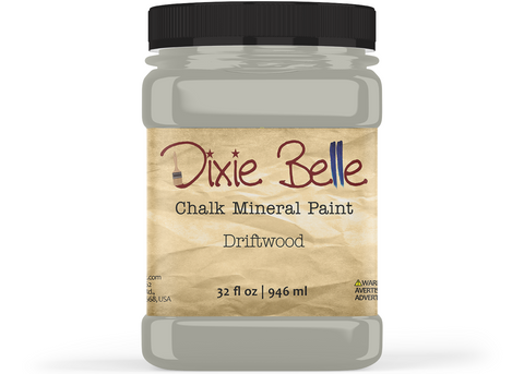 Jar of Dixie Belle Chalk Mineral Paint in Driftwood color on a white background