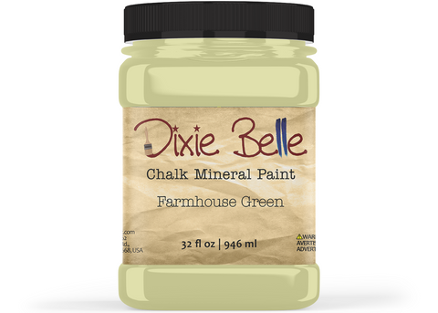 Jar of Dixie Belle Chalk Mineral Paint in Farmhouse Green color on a white background