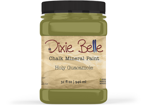 Jar of Dixie Belle Chalk Mineral Paint in Holy Guacamole color on a white background