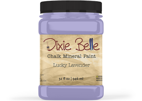 Jar of Dixie Belle Chalk Mineral Paint in Lucky Lavender color on a white background