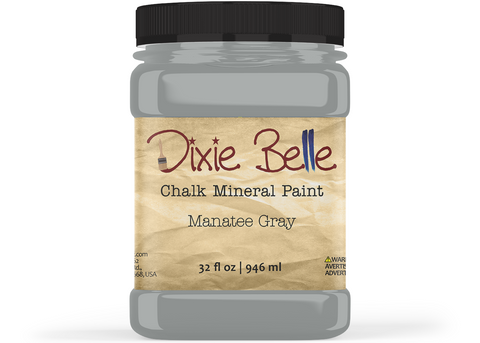Jar of Dixie Belle Chalk Mineral Paint in Manatee Gray color on a white background