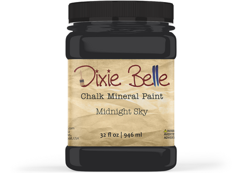 Jar of Dixie Belle Chalk Mineral Paint in Midnight Sky color on a white background