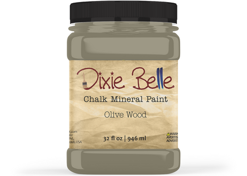 Jar of Dixie Belle Chalk Mineral Paint in Olive Wood color on a white background